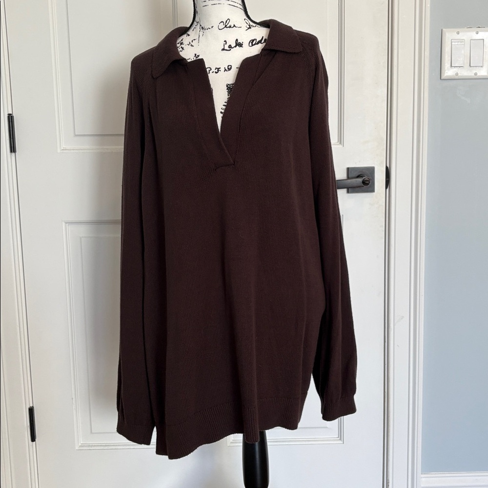 FP BEACH Brown Long Sleeve Collared Sweater